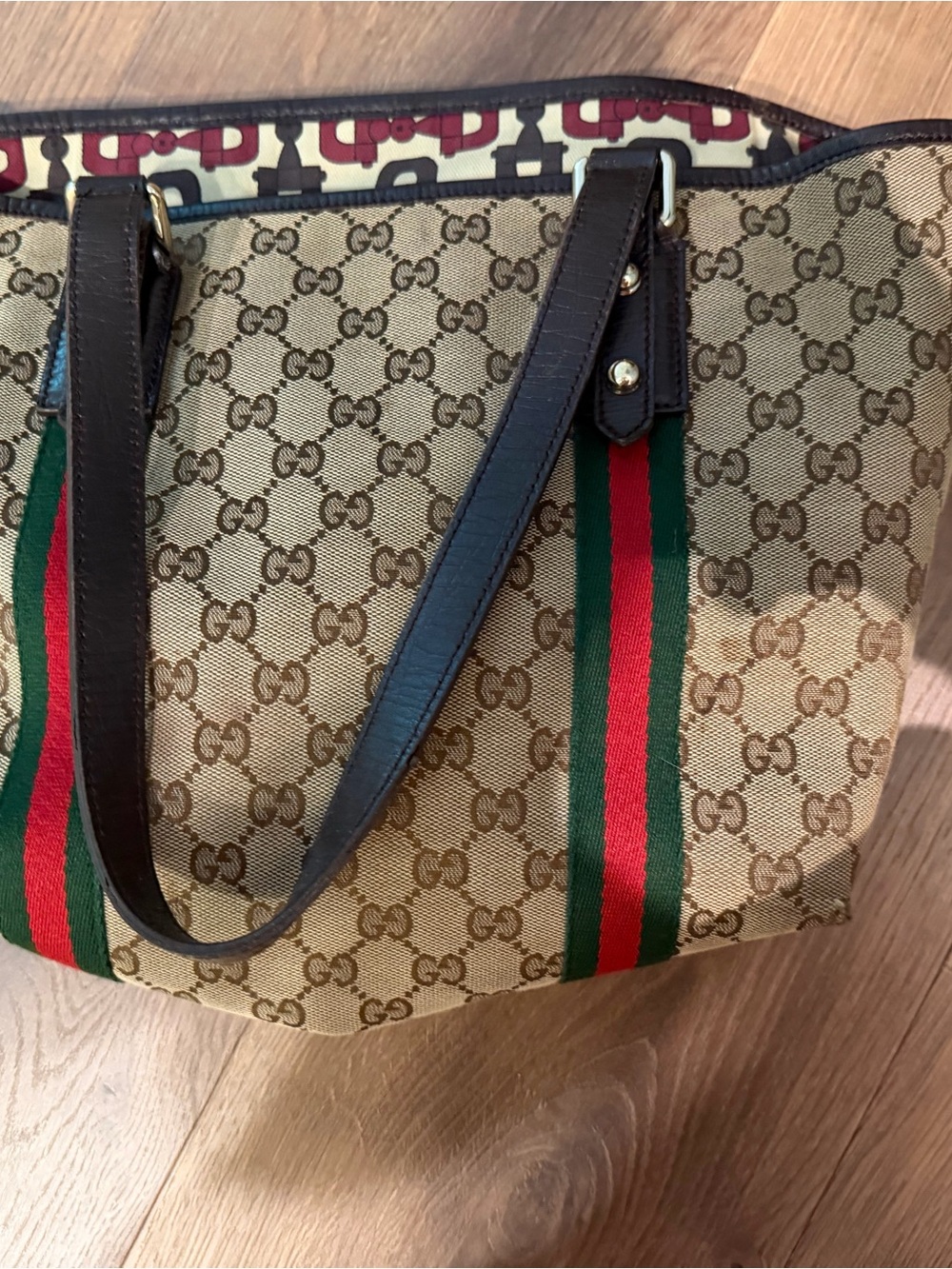 Gucci Beige Monogram Canvas Tote with Green and Red Stripe